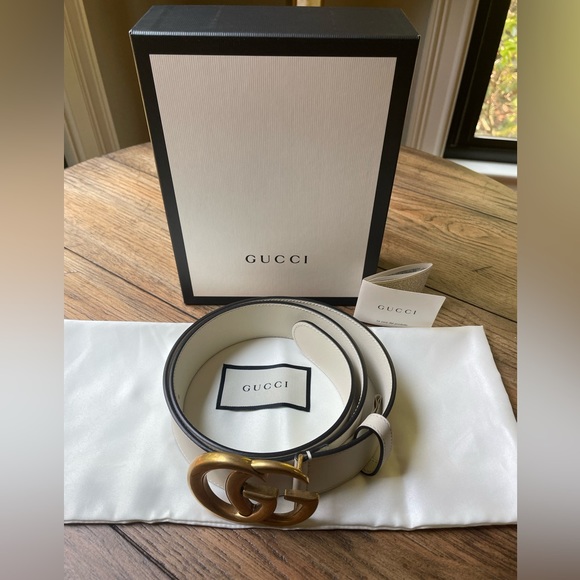 Gucci Calfskin Double G Belt 85 34 Mystic White Antiqued Brass Hardware - Picture 7 of 9
